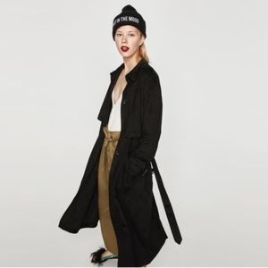 Zara Suede Effect Trench Coat Black L-XL